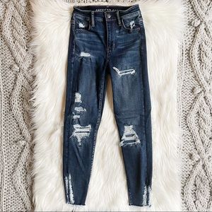Dark wash distressed high waisted jeans